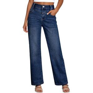 Women's Wide Leg High Waisted Straight Jeans Stretchy Denim Pockets
